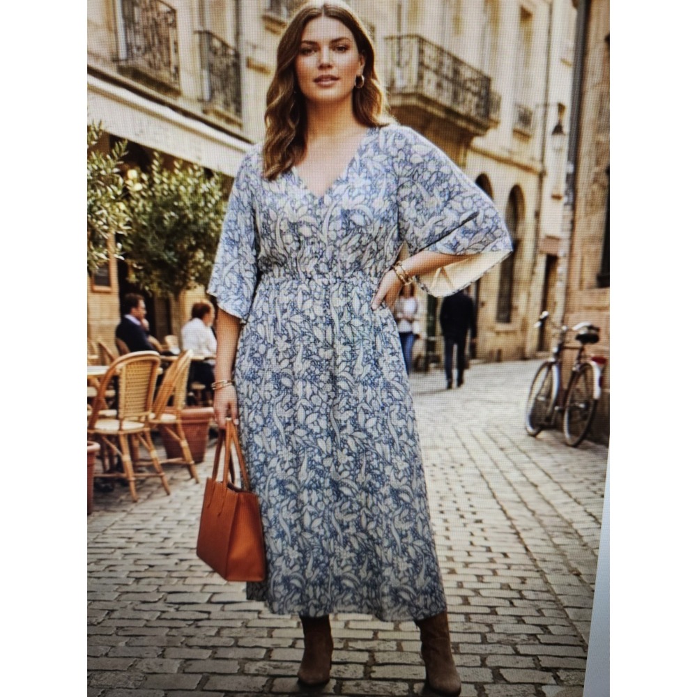 Lane Bryant Blue White Floral Elastic Flutter Sleeves Lined V-Neck Maxi Dress 24